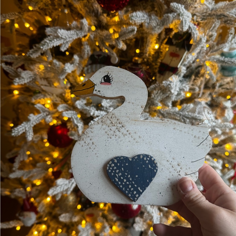 White Wooden Duck with Blue Heart